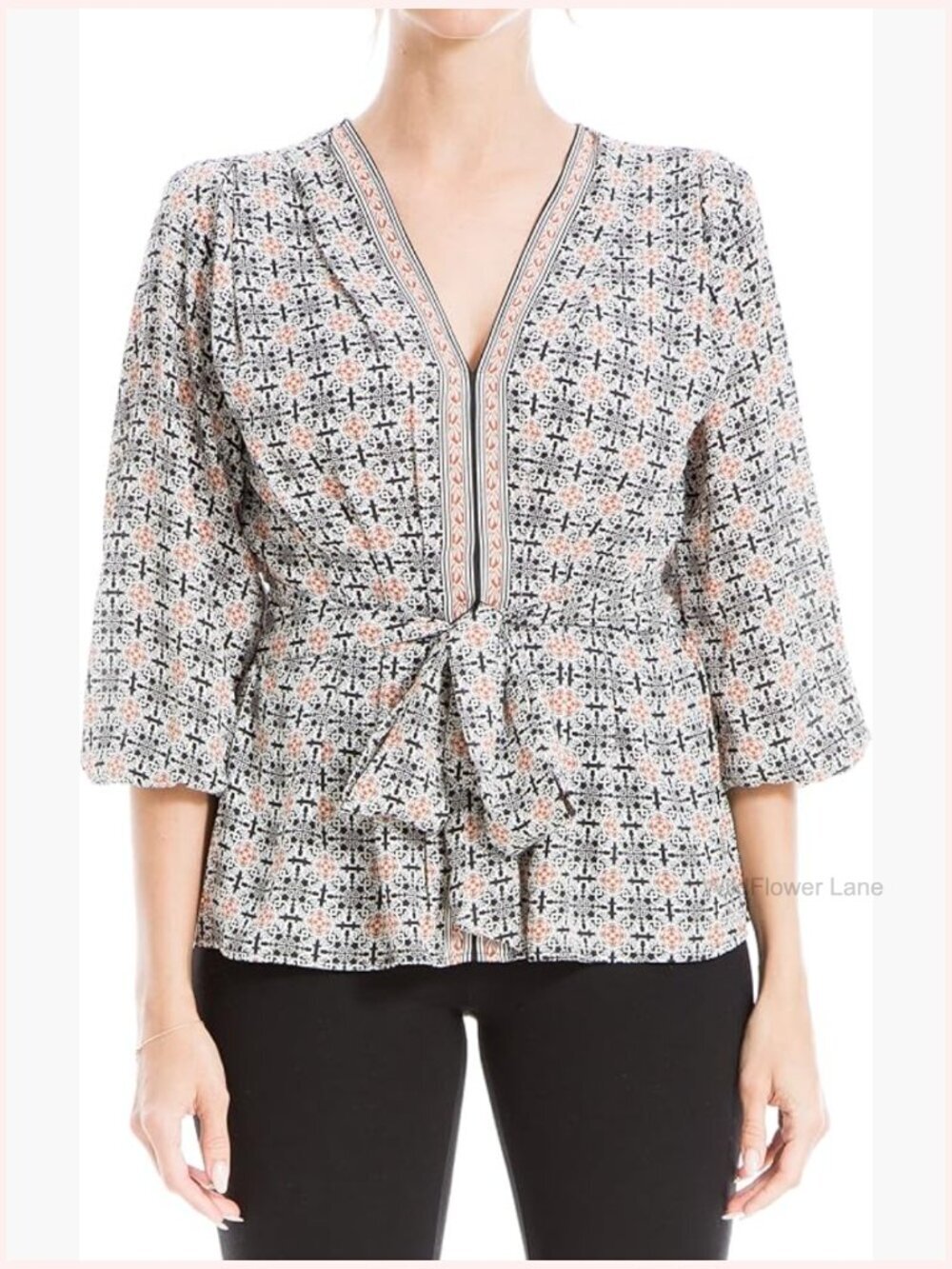 3/4 Sleeve Smocked Back Blouse - V-Neck Blouse